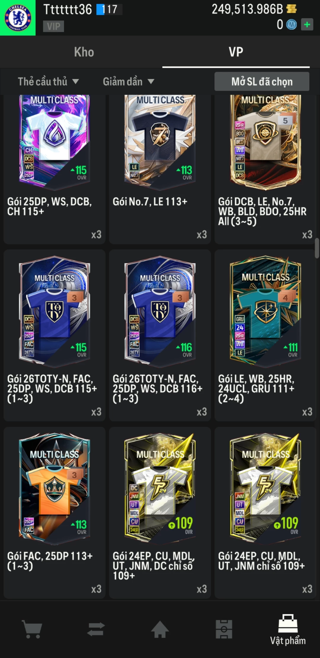 Ảnh ACC mở thẻ (LOẠI SVIP PROMAX) bao gồm có 02 thẻ +12, 04 thẻ PRIME (QH+, CP+, XS+, HĐ+) và hơn 1600+ thẻ cầu thủ từ Siêu sao đến Miền núi các loại. Acc có sẵn BP trắng từ 230.000 tỷ BP đến 250.000 tỷ BP kèm theo nhiều ngày SVIP